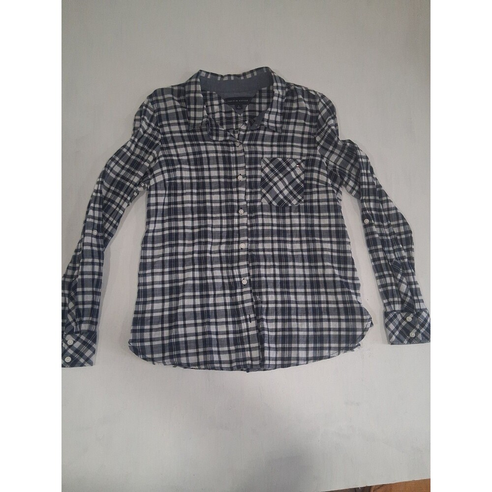 Womens Classic Tommy Hillfiger Button Down Plaid Shirt Lightweight Medium Blue